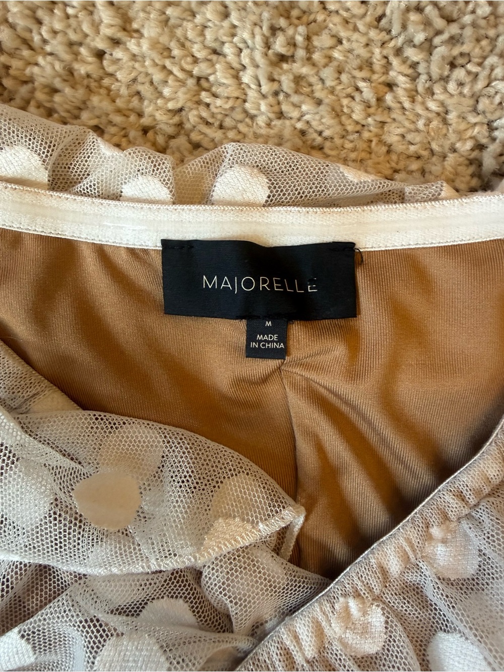 MAJORELLE Tan and White Polka Dot Mesh Dress